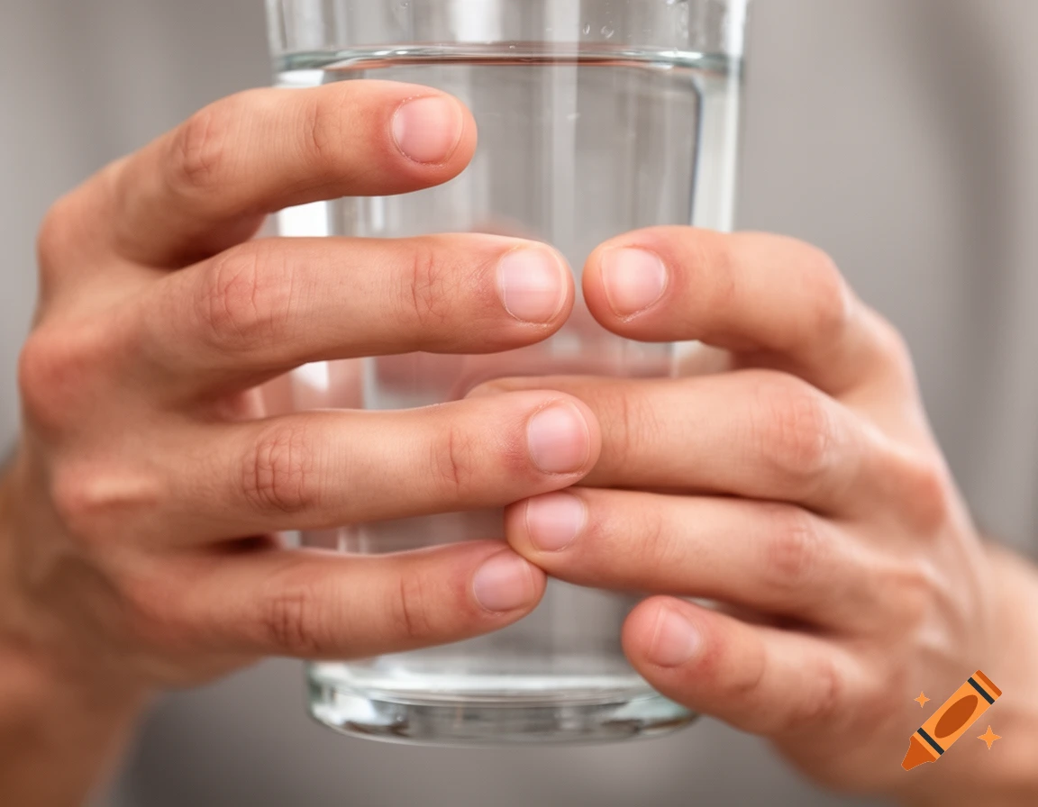 Close-up of two human hands holding a clear glass filled with water, showing detailed skin texture and fingers.