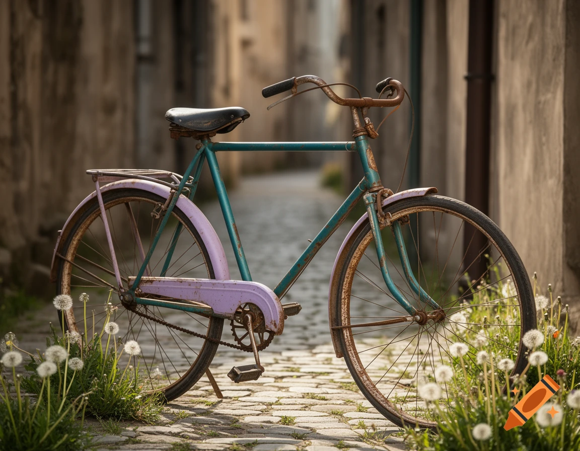 A vintage, rusty blue and lilac bicycle parked on a cobblestone street in a narrow alley, with dandelions in the foreground.