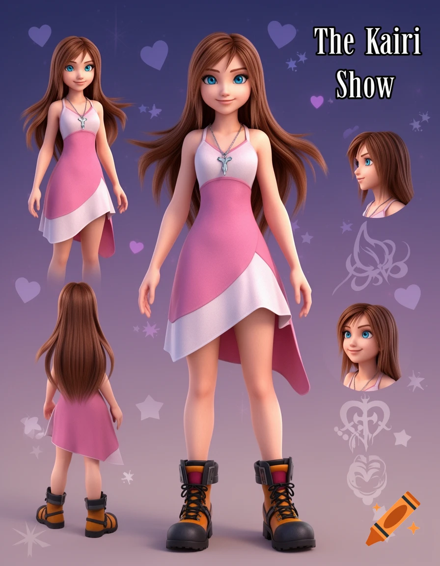 3D animated reference sheet of Kairi from Kingdom Hearts, wearing a pink and white dress and boots, shown from multiple angles with headshots.