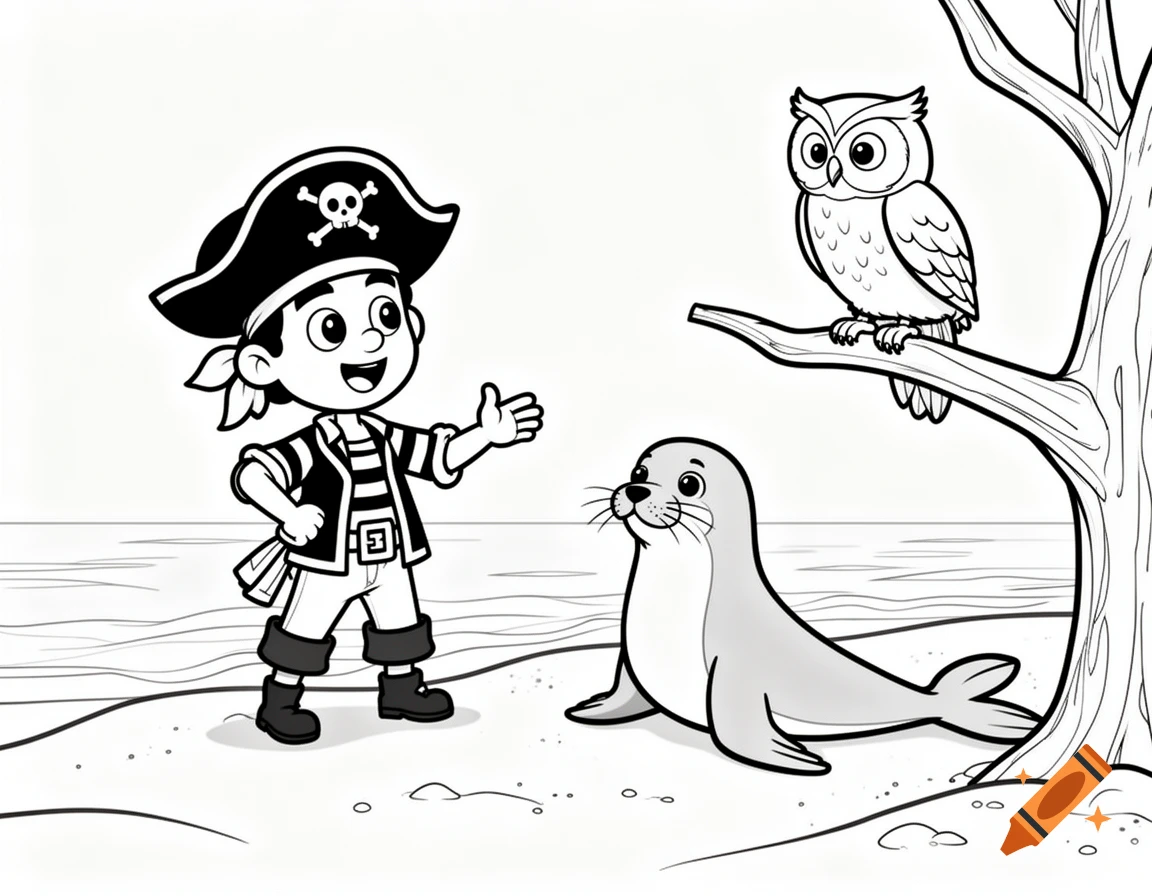 Black and white line art of a cartoon pirate boy talking to a seal on a beach, with an owl perched on a nearby tree branch.