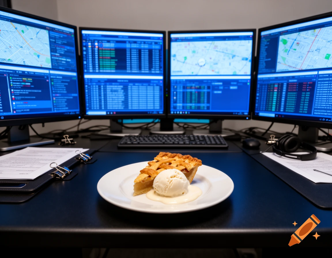A slice of apple pie with vanilla ice cream on a white plate sits on a dark desk in front of four computer monitors displaying maps and data.