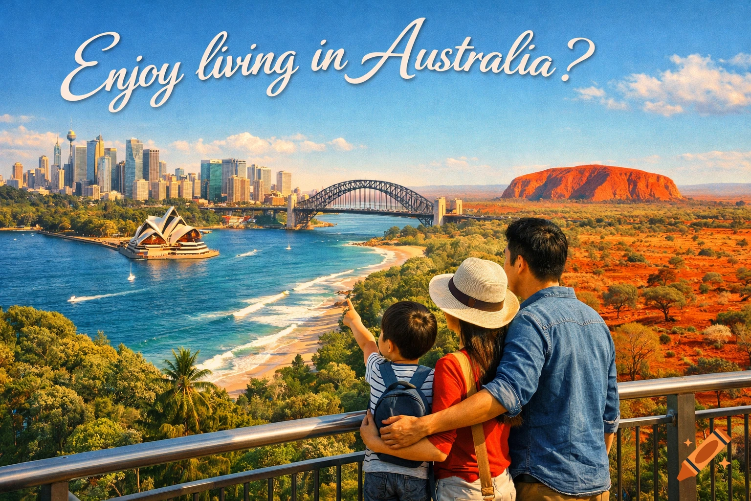 Asian family views a panoramic landscape of Sydney's Opera House, Harbour Bridge, city skyline, and Uluru, with text 'Enjoy living in Australia?'