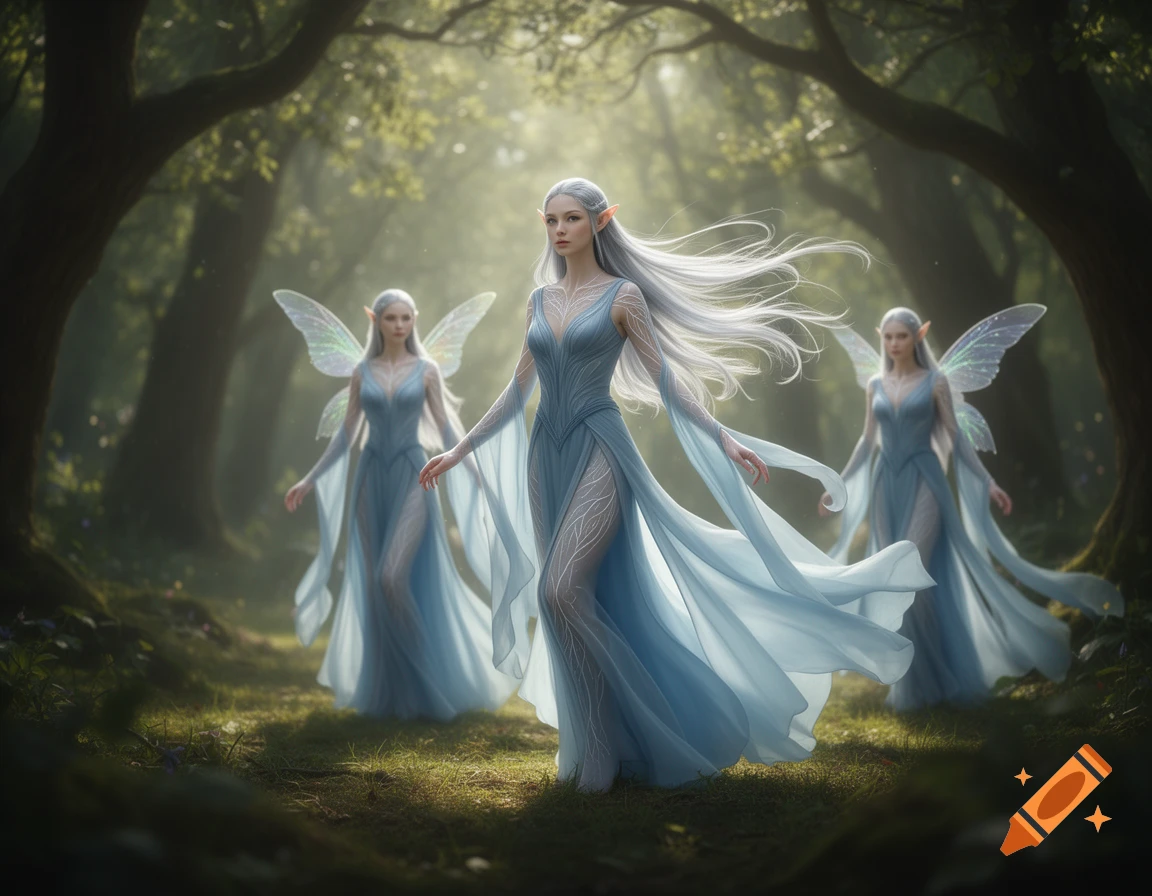 Three ethereal elves with long silver hair, blue flowing gowns, and shimmering wings walk through a sunlit enchanted forest.
