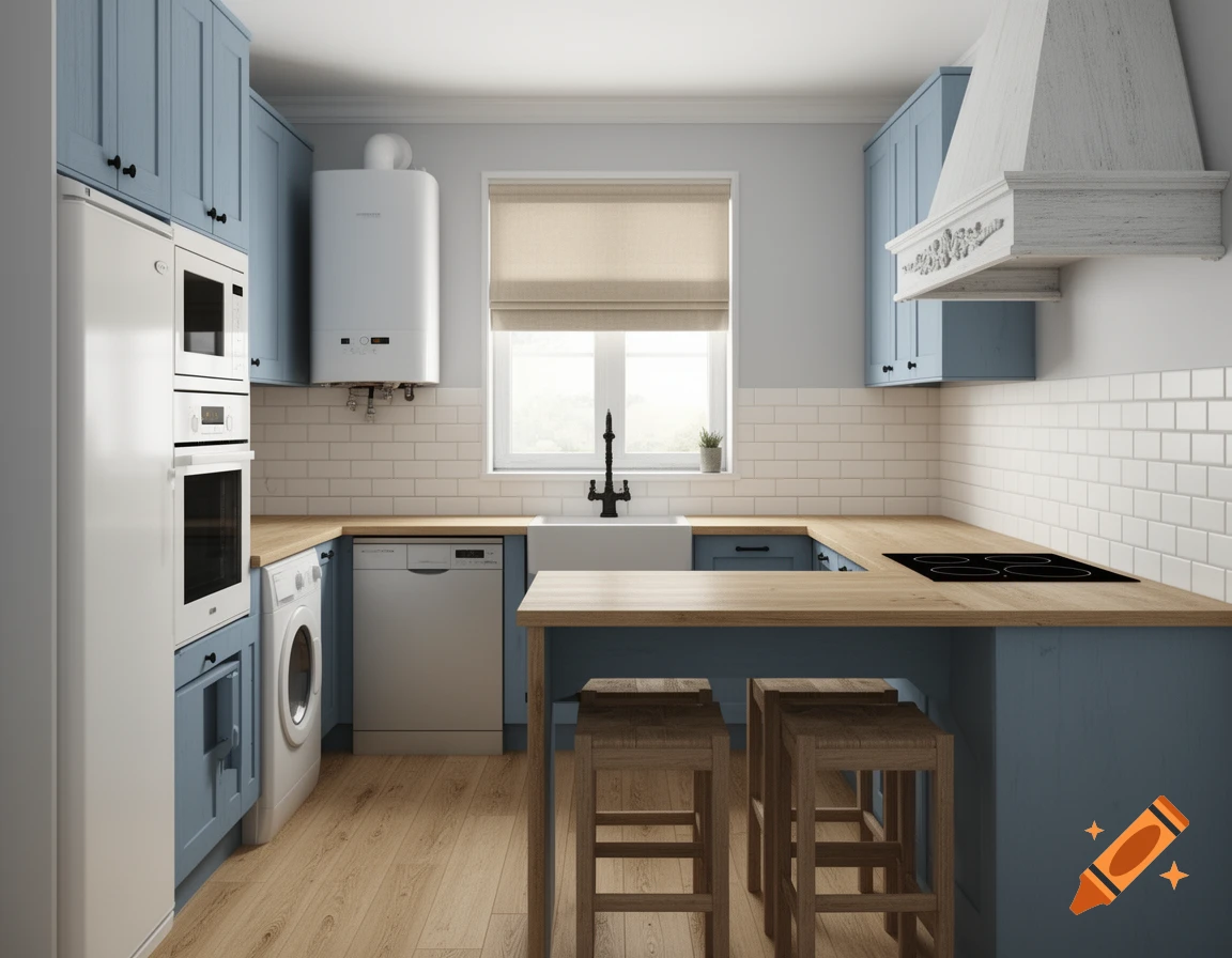 U-shaped kitchen with light blue cabinets, wooden countertops, white subway tiles, a sink under a window, and a breakfast bar.