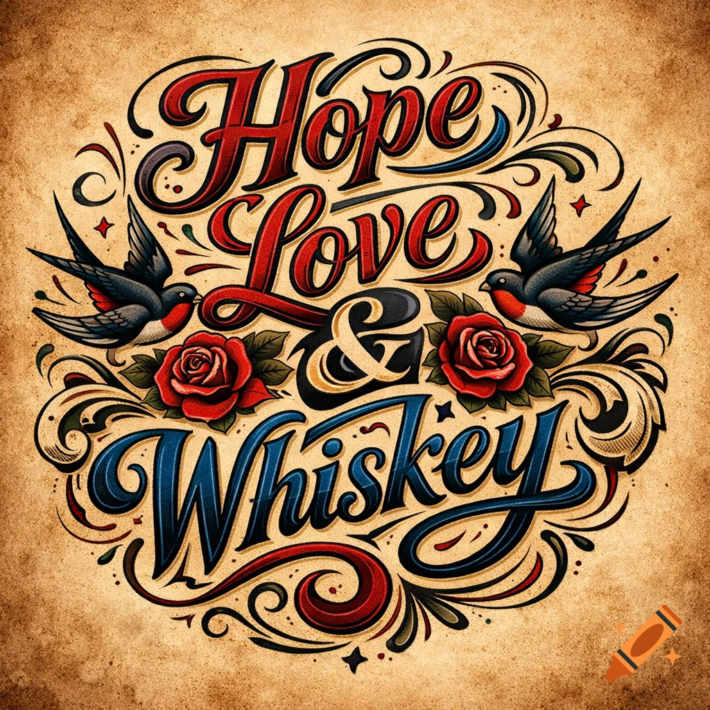 Vintage tattoo-style lettering spelling 'Hope Love & Whiskey' with two swallows and red roses, on a textured background.