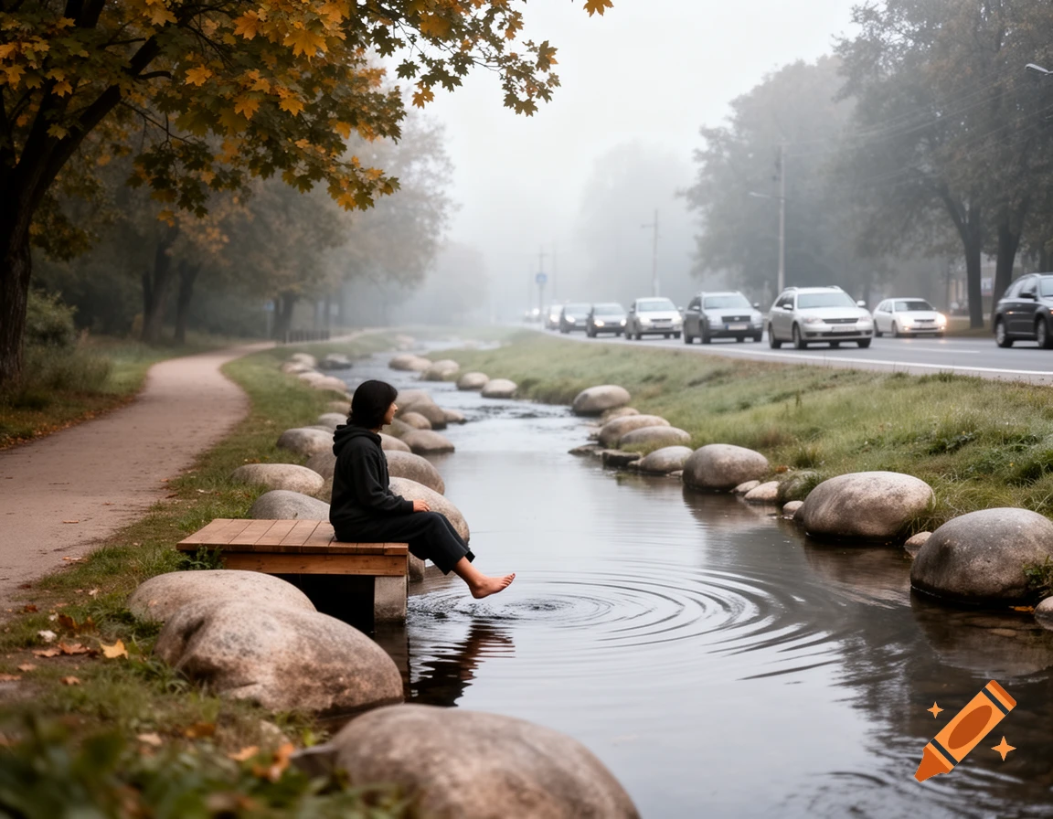 A person sits on a wooden platform, dipping bare feet into a stream lined with rocks and trees with autumn leaves. A road with cars is visible in the foggy background.
