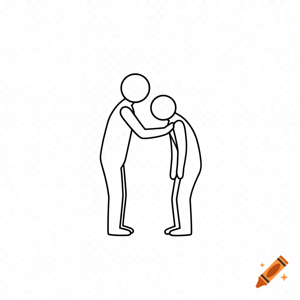 Black outline stick figure illustration of one person comforting another on a white background.