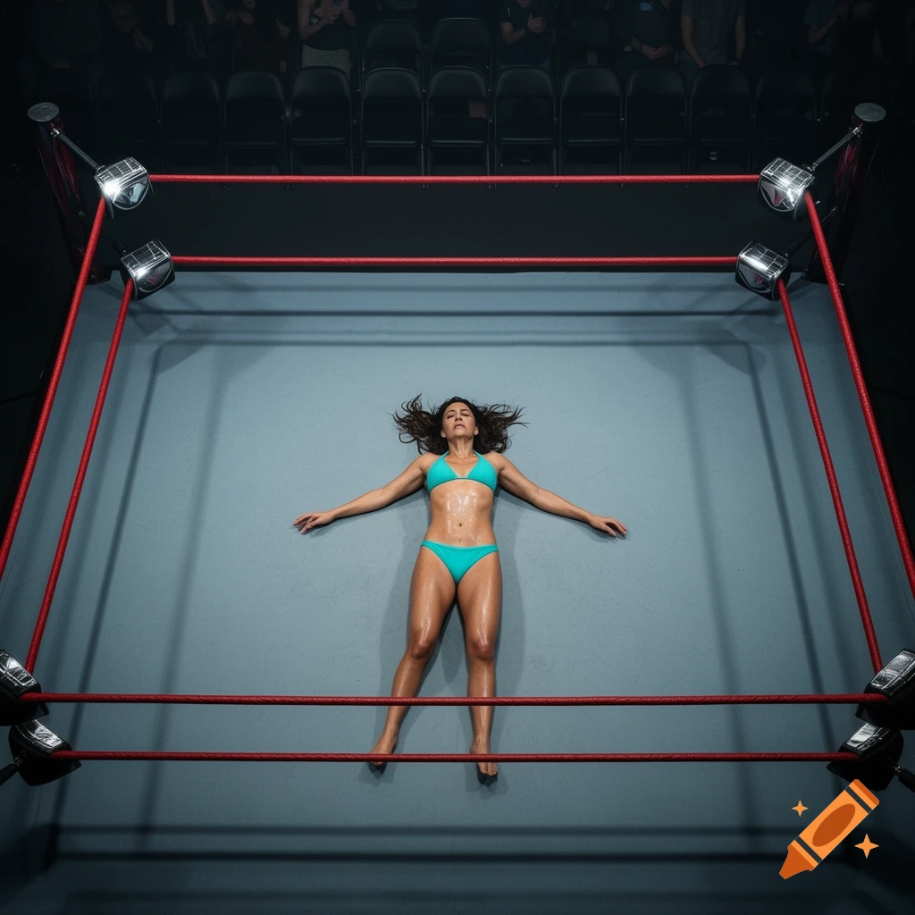 A woman in a turquoise bikini lies defeated on her back in a wrestling ring, viewed from above.