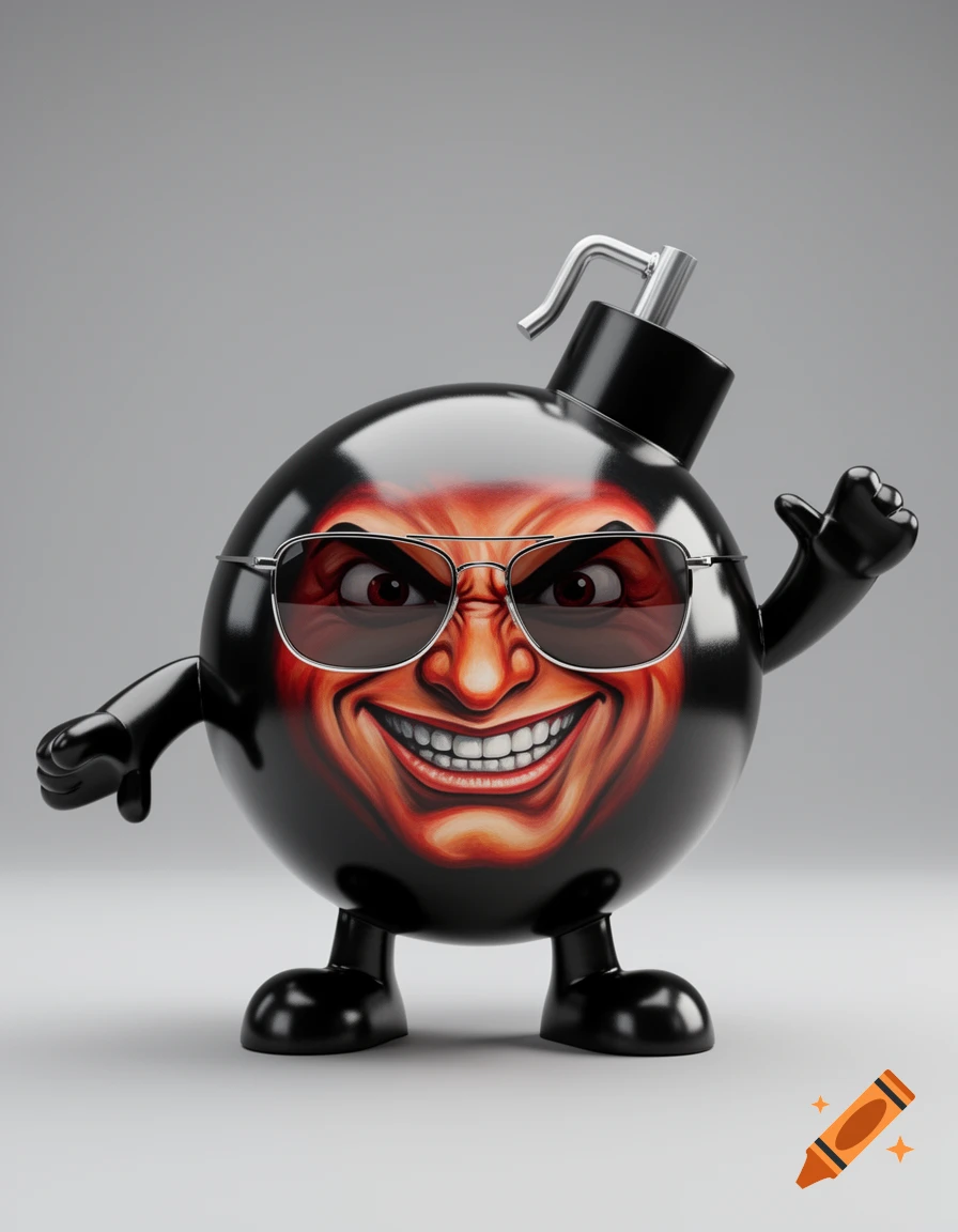 A black cartoon bomb character with a mean red face, sunglasses, arms, and legs, waving a hand. 3D render.