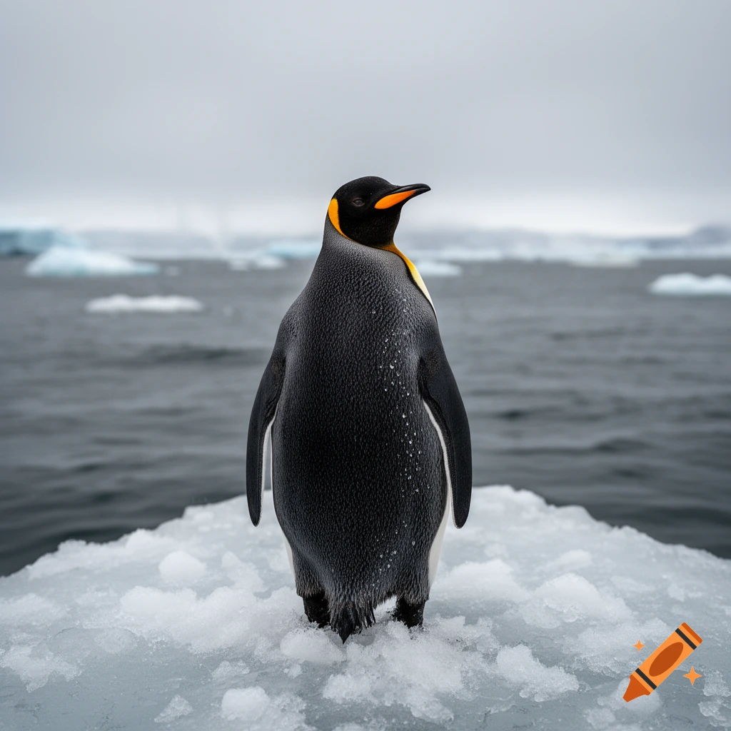 A king penguin stands alone on a small ice floe, looking right, with a dark ocean and distant icebergs under a grey sky.