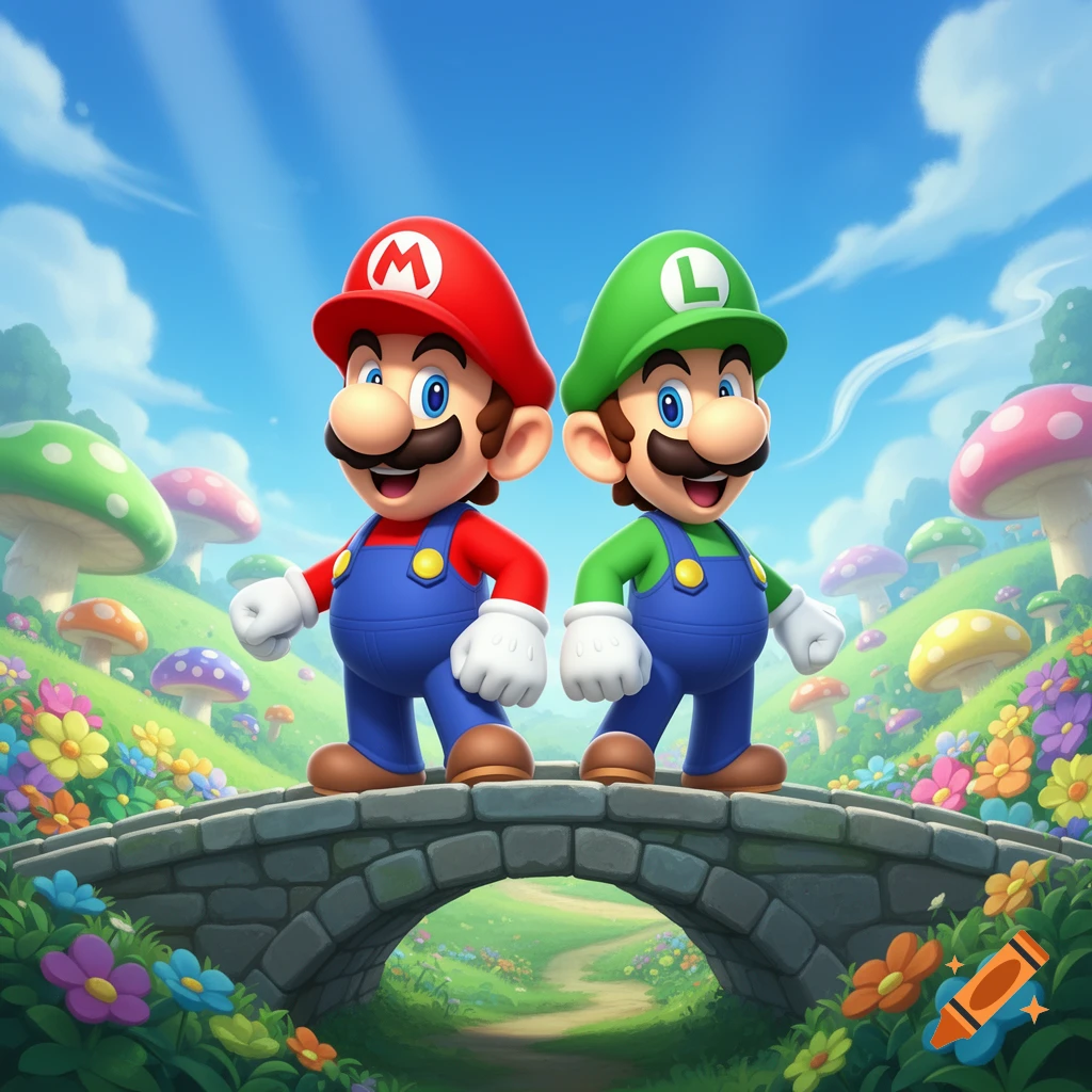 Mario and Luigi stand on a stone bridge in a colorful, whimsical mushroom kingdom landscape under a blue sky.