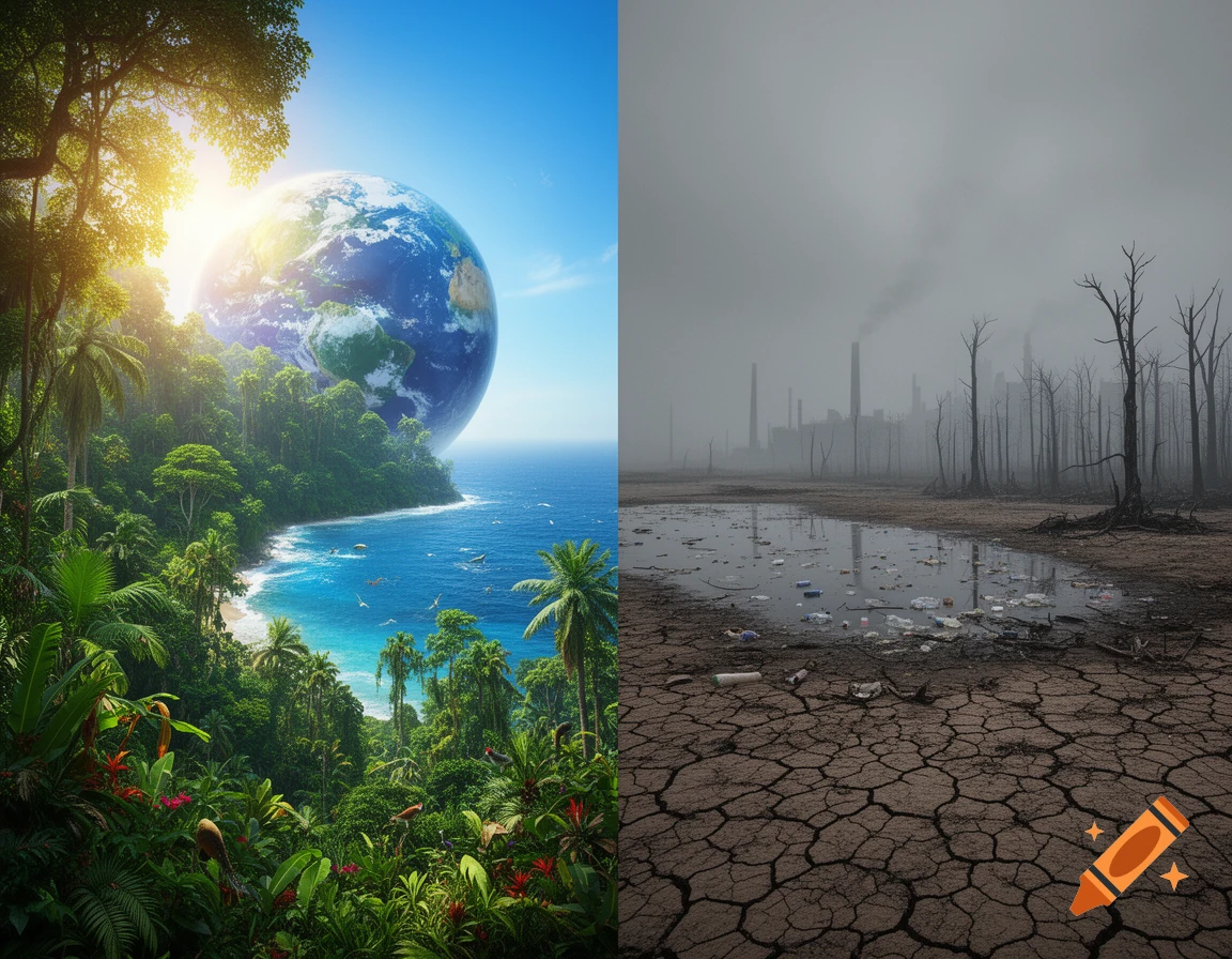 Split image showing a lush tropical coast with a glowing Earth contrasted with a desolate, polluted industrial landscape.