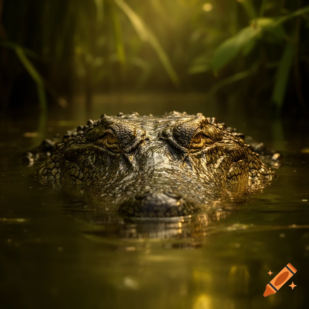 Close-up, eye-level shot of a crocodile's head and golden eyes partially submerged in dark, shimmering water. Photorealistic.