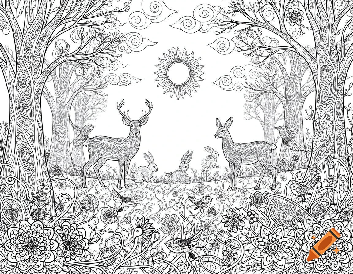 Intricate black and white coloring page of a forest scene with a stag, doe, rabbits, and birds among detailed trees and flowers.