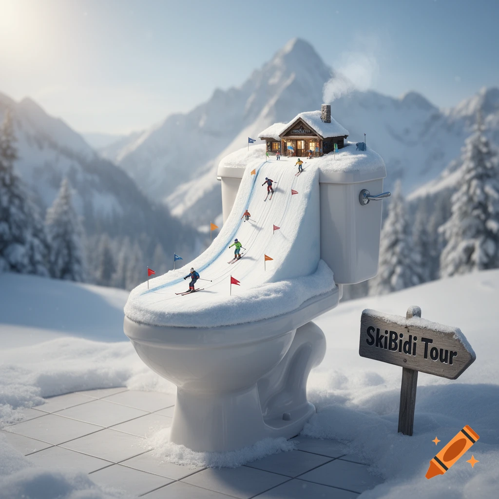 A snowy toilet in a mountain landscape serves as a ski slope with miniature skiers and a cabin. A sign says 'SKiBiDi Tour'.