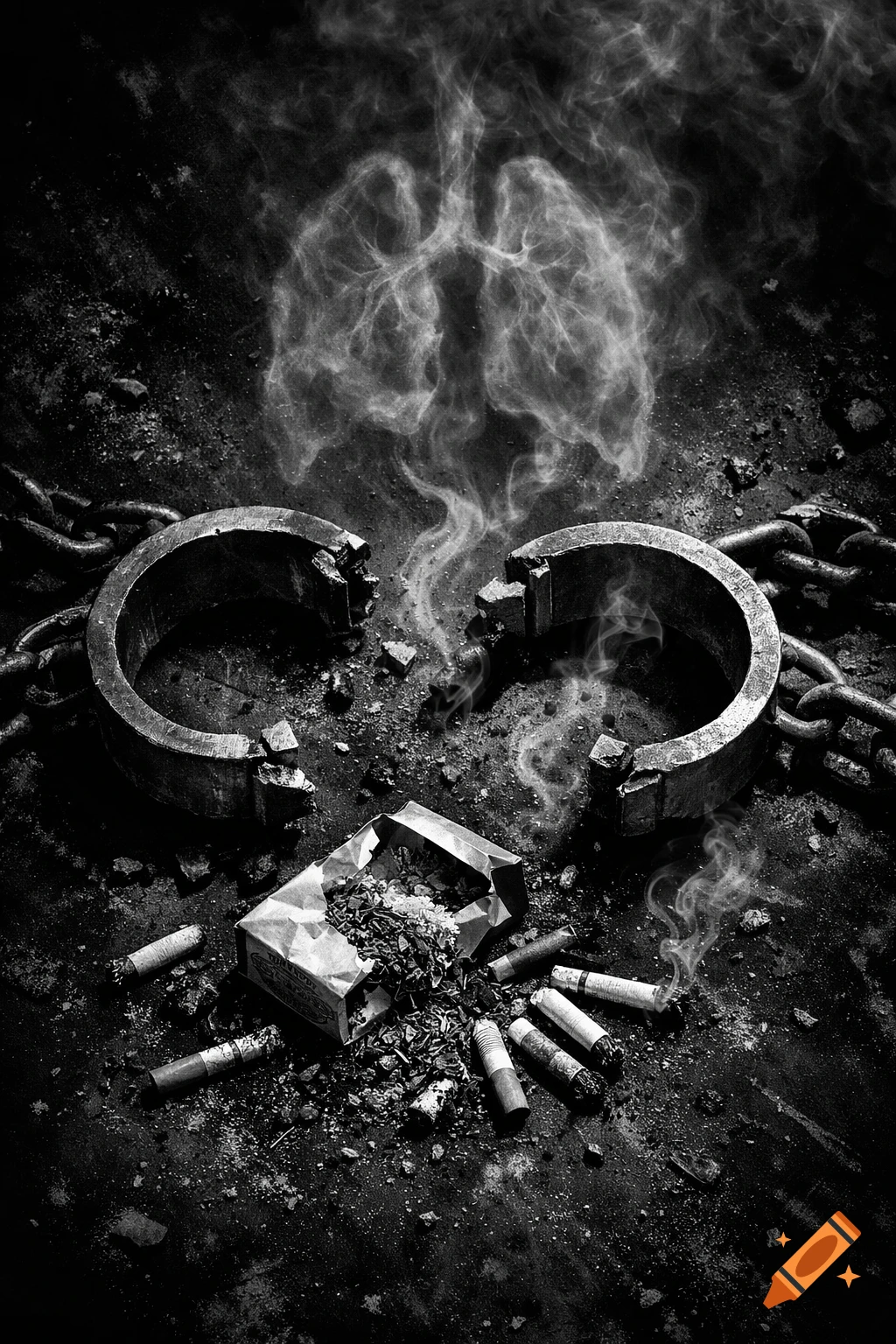 Monochromatic, top-down view of broken steel shackles, a crumpled cigarette pack spilling tobacco, and stubbed cigarettes. Smoke forms faint lung shapes above. Gritty, high-contrast, noir aesthetic.