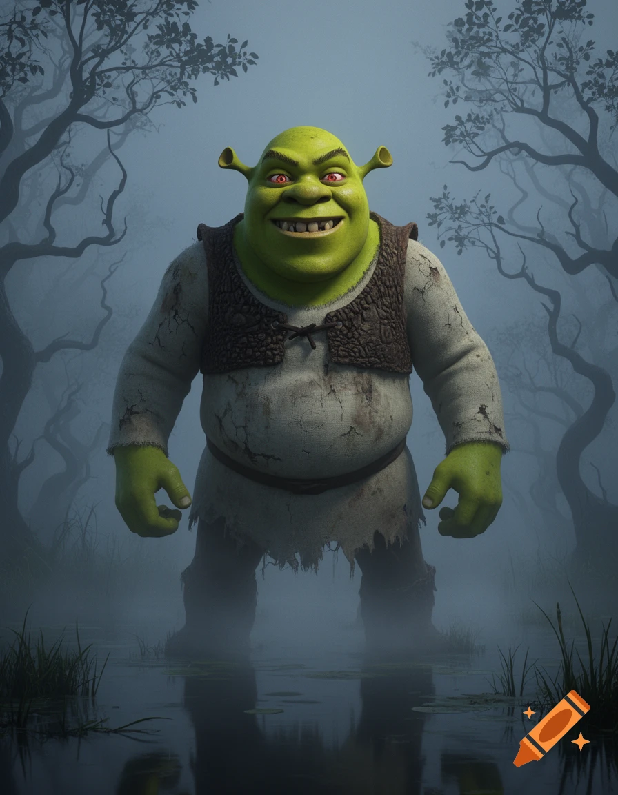A creepy, red-eyed Shrek grins menacingly in a foggy swamp with dark trees and water reflecting the mist.