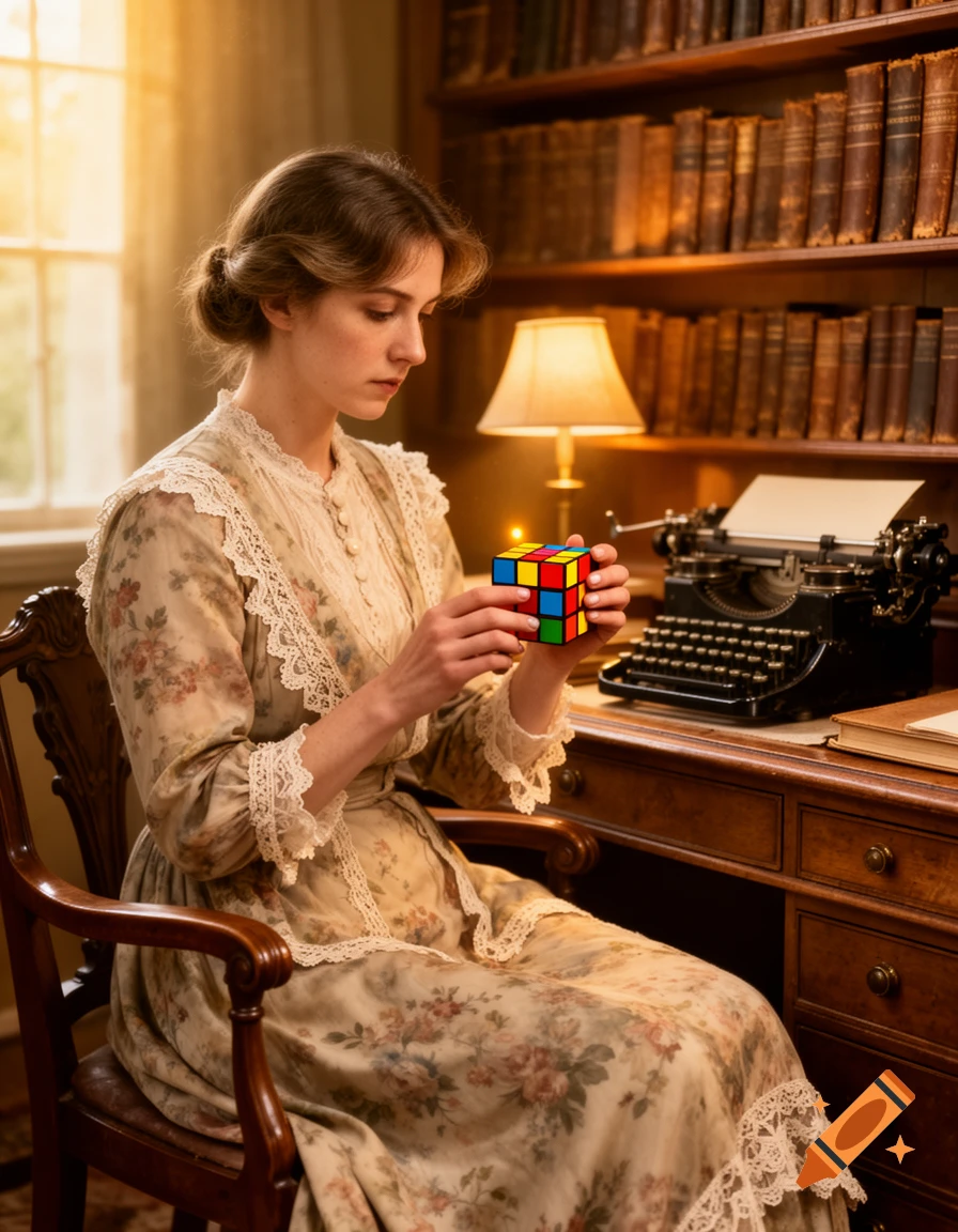 A woman in a vintage floral dress intently solves a Rubik's cube at a desk in a dimly lit library.