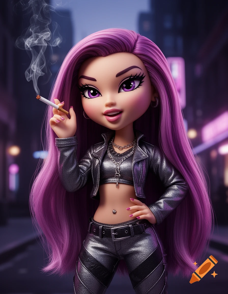 A Bratz-style doll with long purple hair, wearing a metallic silver outfit, smoking a cigarette in an urban setting.