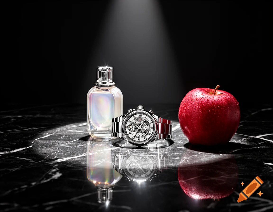 A still life of a perfume bottle, a silver watch, and a red apple with water droplets on a reflective black marble surface, illuminated by a spotlight.