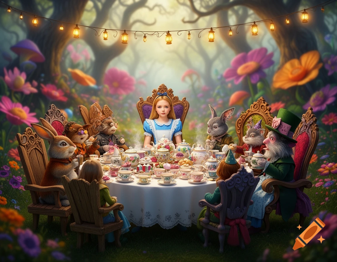 Alice and anthropomorphic animals enjoying a magical tea party in a vibrant, fantastical forest.