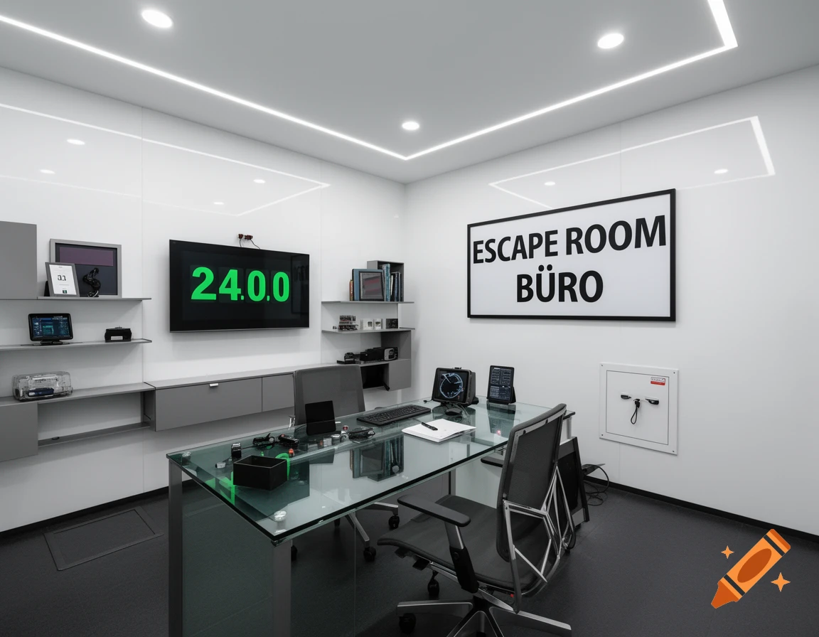 Modern escape room office with a glass desk, green '24.0.0' display, and an 'ESCAPE ROOM BÜRO' sign.