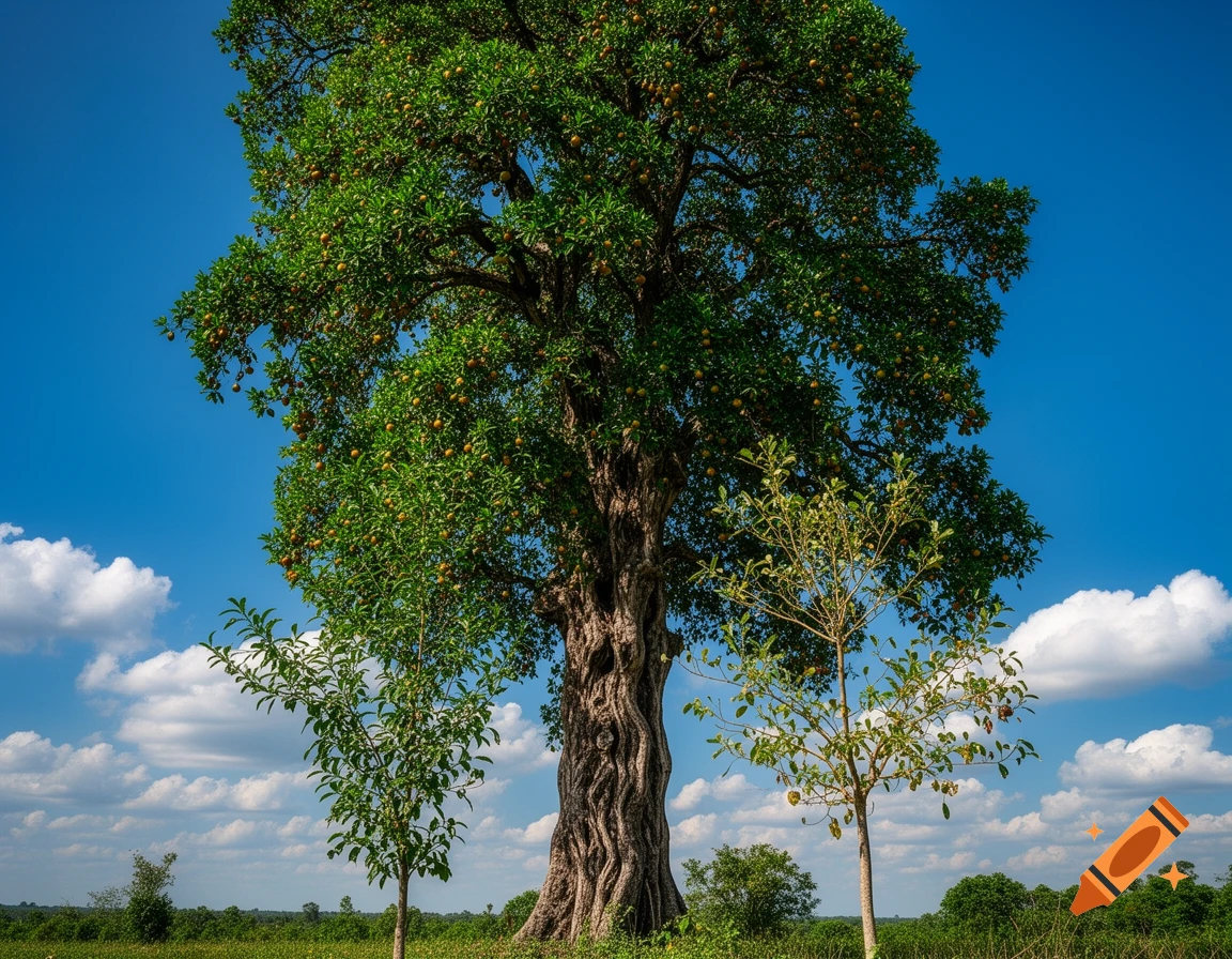 A very tall tree with a thick trunk, abundant green leaves, and fruit stands in a grassy field, flanked by two smaller, slender trees under a bright blue sky with white clouds.