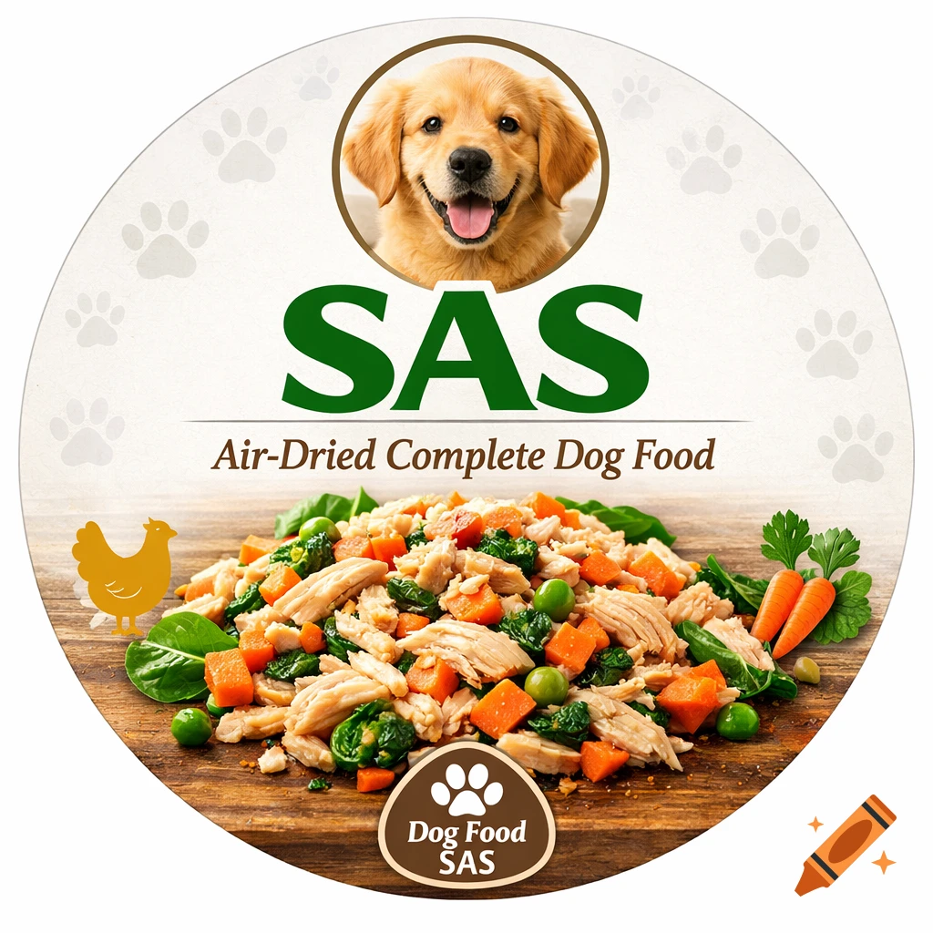 Circular dog food label with a smiling golden retriever puppy, shredded chicken, vegetables, and 'SAS' branding.
