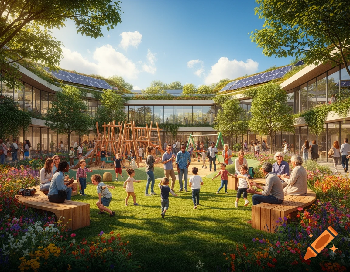 A diverse community gathers in a sunny courtyard with a playground, lush grass, flowers, and modern green buildings with solar panels.