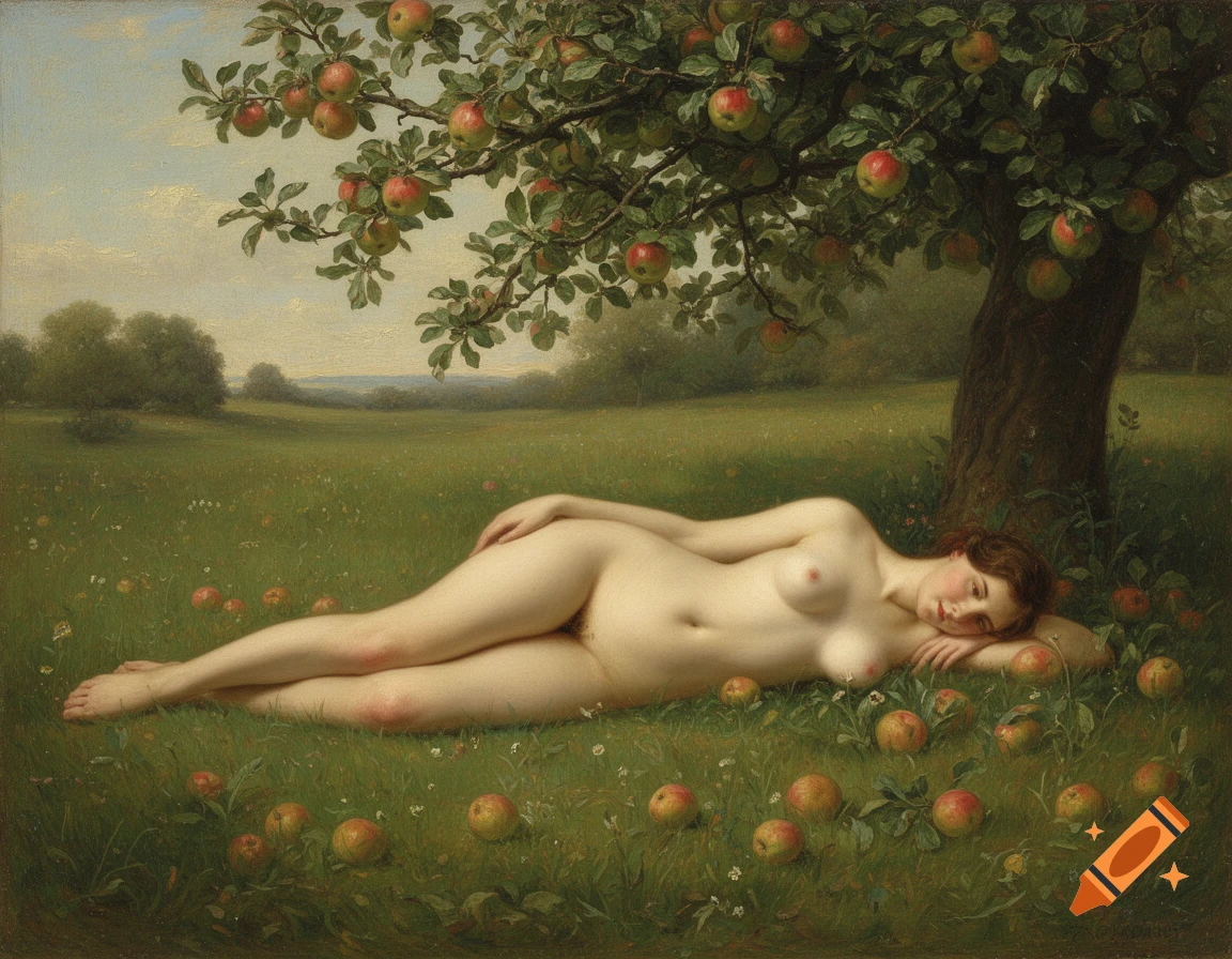 A nude woman lies gracefully in a grassy meadow under an apple tree with scattered apples, in a detailed Victorian oil painting.
