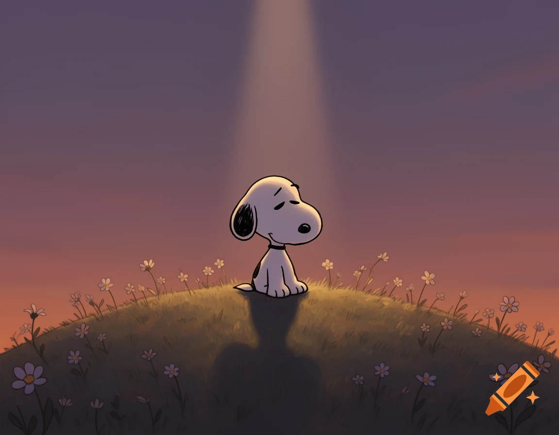 Cartoon Snoopy sits sadly on a grassy hill with small flowers, illuminated by a spotlight against an orange and purple twilight sky.