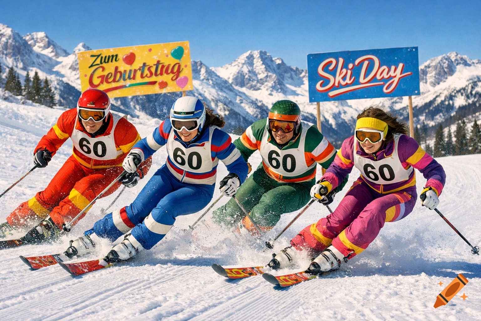 Four skiers in retro colorful outfits race down a sunny snowy mountain slope, with 'Zum Geburtstag' and 'Ski Day' signs.