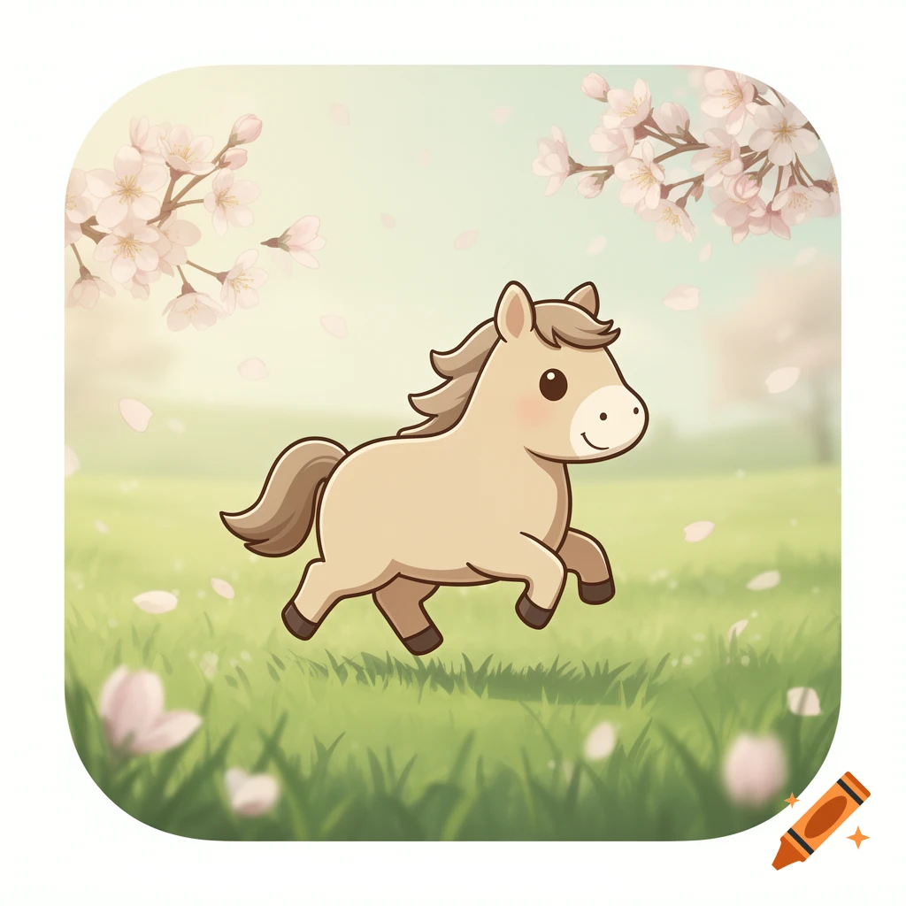 A cute stylized horse runs through a spring meadow with falling pink almond blossoms.