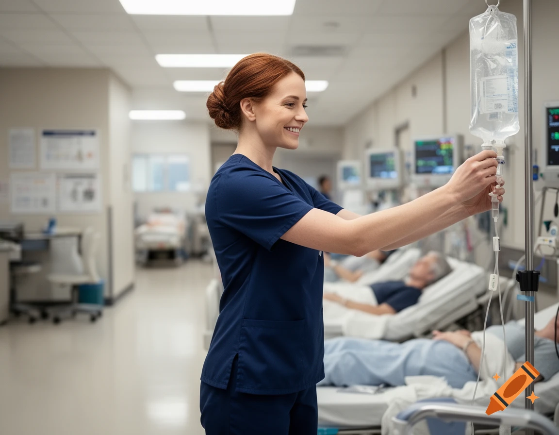 Smiling nurse in blue scrubs adjusts an IV bag in a hospital ward with patients in beds, photorealistic style.