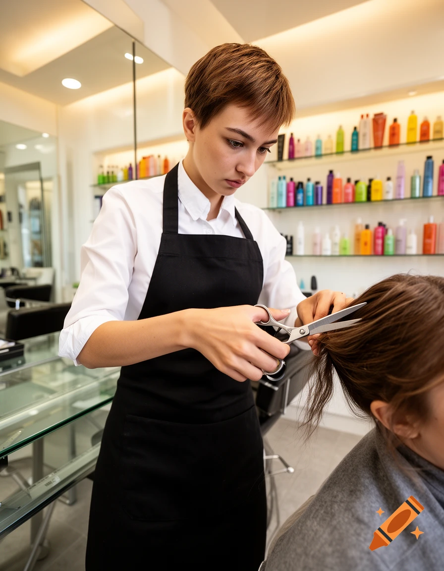 A short-haired hairdresser in a white shirt and black apron cuts a client's brown hair in a salon.