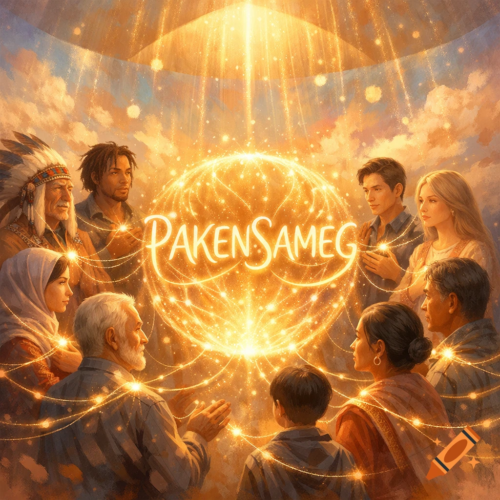 Diverse group of people connected by glowing light threads, surrounding a radiant orb with 'PAKENSAMEG' text, under a warm, dreamy sky.
