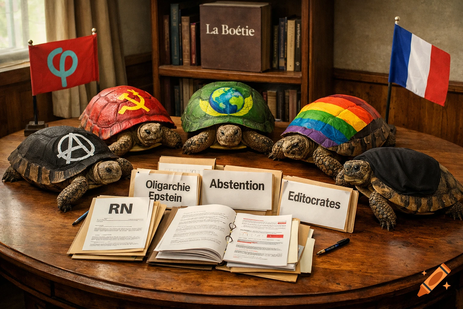 Five turtles on a wooden table, each with a different political or social symbol painted on its shell, surrounded by folders and flags.