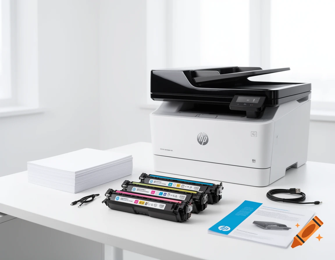 Professional product image of an HP multifunction office printer bundle with toner cartridges, paper, and accessories on a white table.