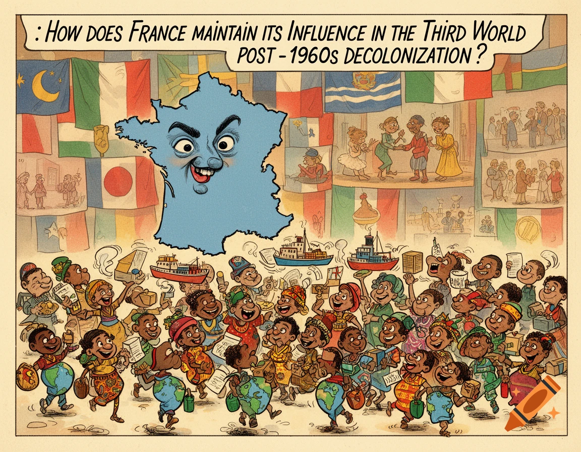 A political cartoon depicting a grinning map of France overseeing caricatured figures representing post-decolonization Third World countries.