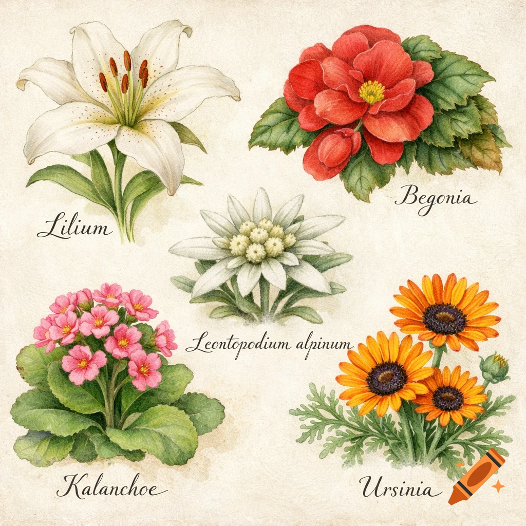 Botanical watercolor illustration of five labeled flowers: Lilium, Begonia, Edelweiss, Kalanchoe, and Ursinia.