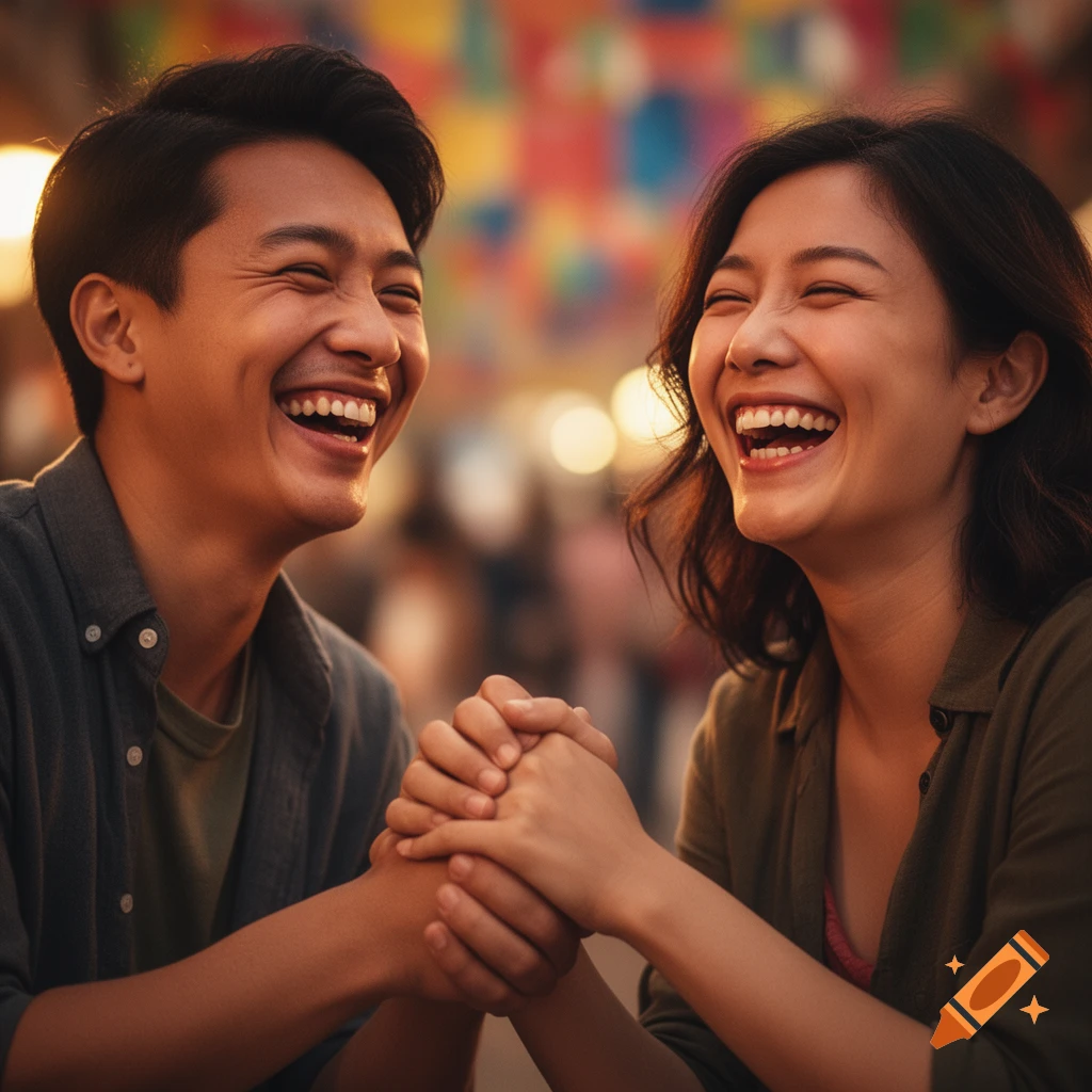 Two happy people, a man and a woman, laugh while holding hands in a warm, colorful outdoor setting. Photorealistic.