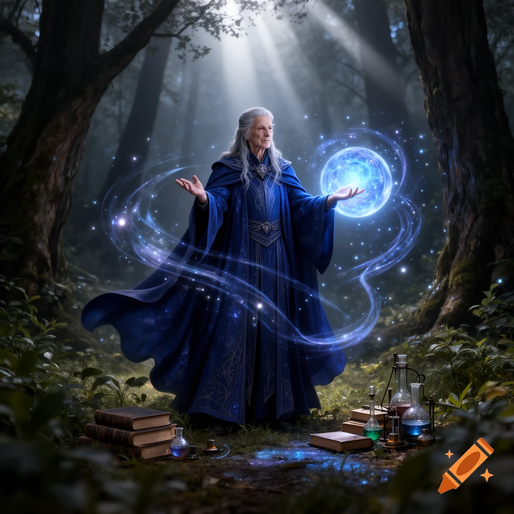An old wizard with long white hair in a blue robe stands in a mystical forest, holding a glowing blue orb of magic with particles swirling around.