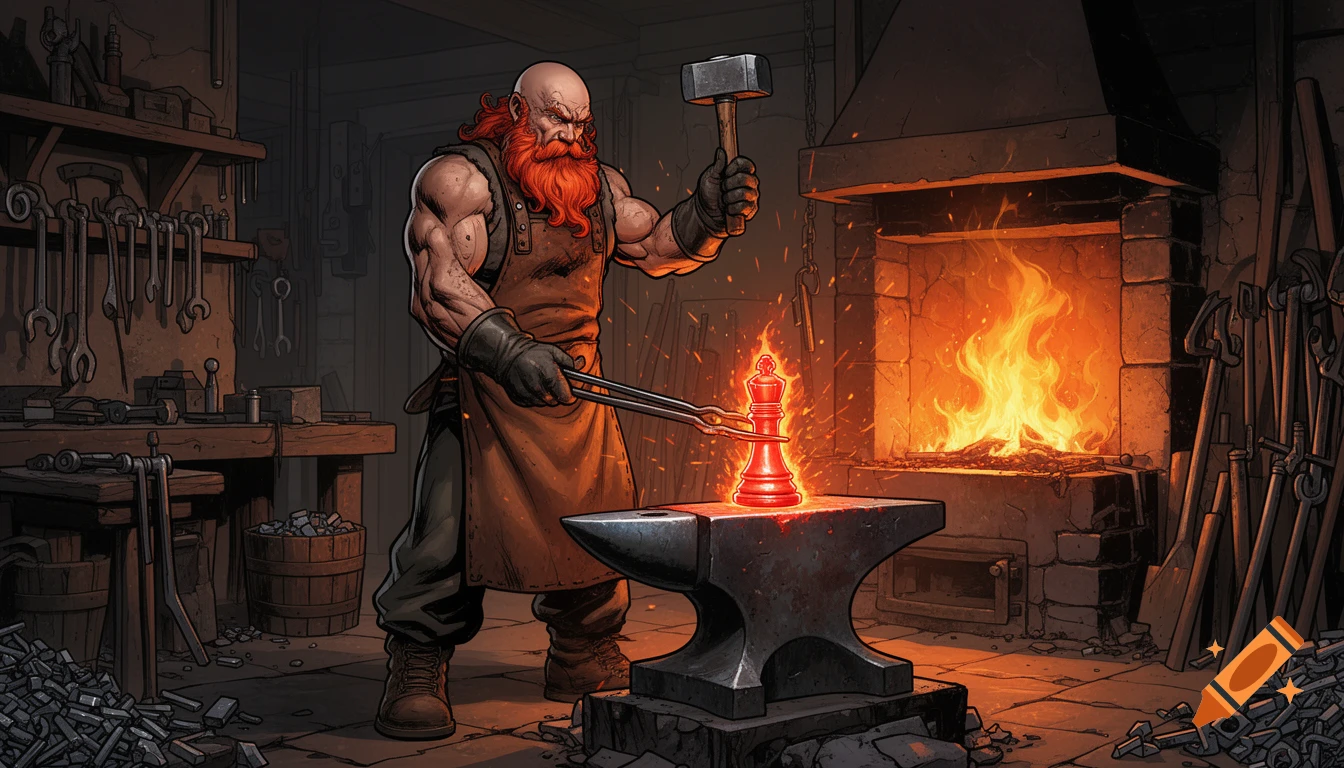 Muscular, red-bearded blacksmith hammers a glowing chess king on an anvil in a dimly lit, fiery forge, comic book style.