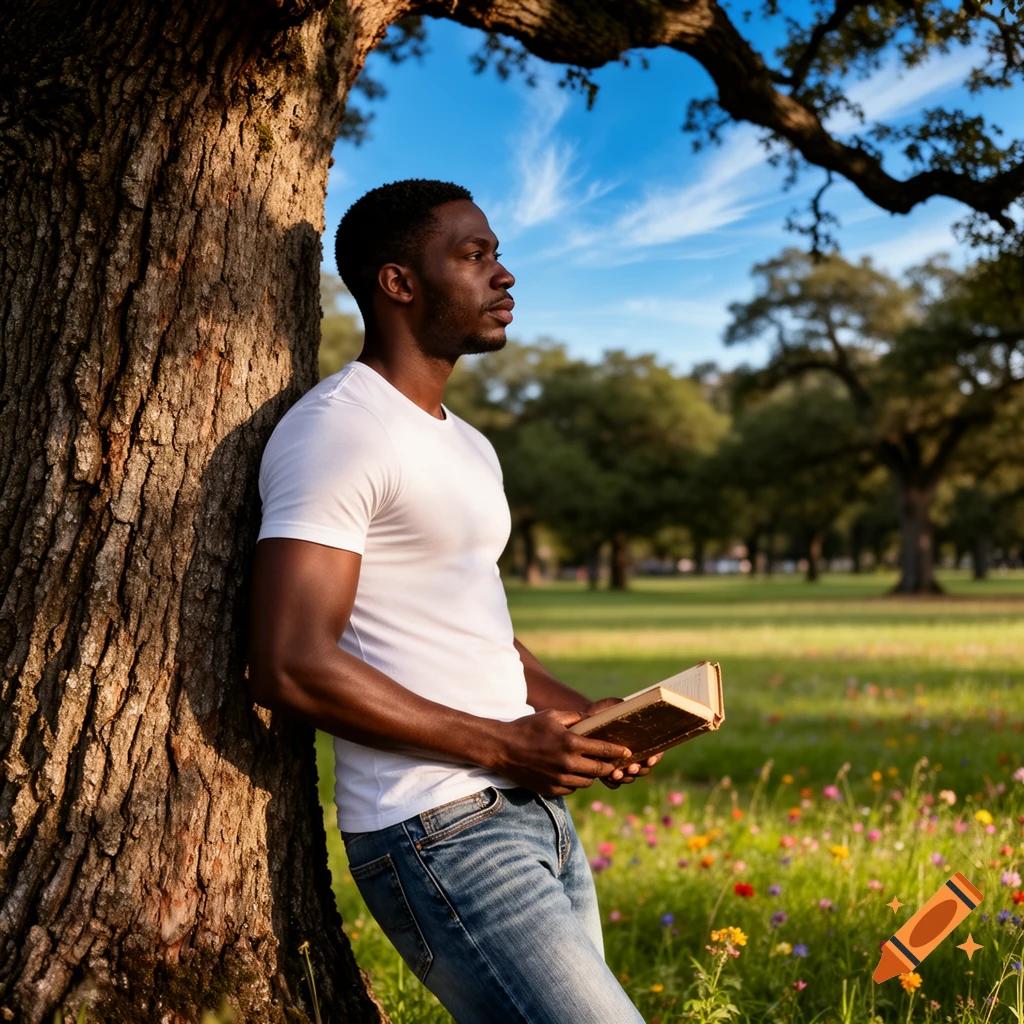 A black man in a white t-shirt and jeans leans against a tree, holding a book in a sunlit meadow.