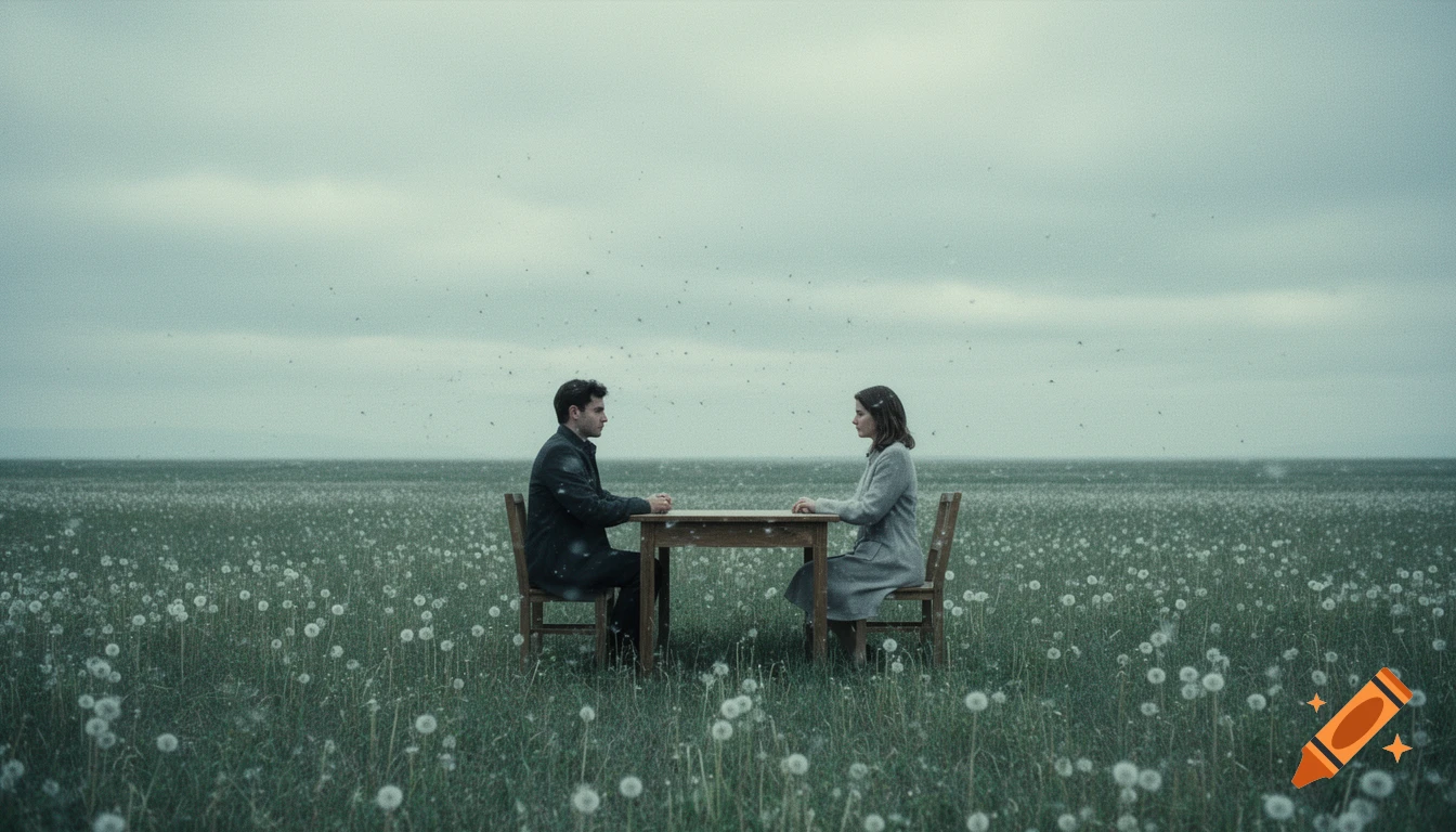 A man and woman sit at a small wooden table in a vast field of dandelions under an overcast sky, with a melancholic atmosphere. Film still.