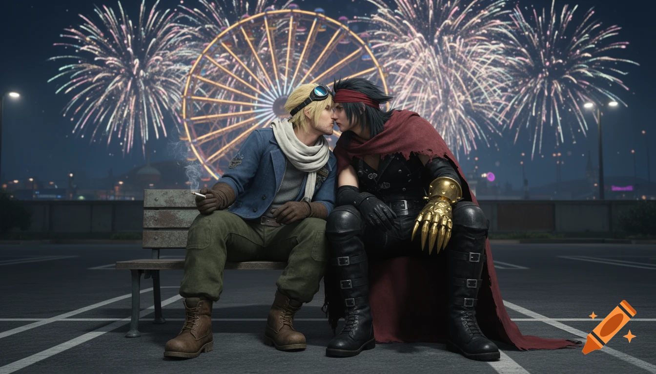 Cid Highwind and Vincent Valentine from Final Fantasy VII share a kiss on a bench at night, with a Ferris wheel and fireworks.