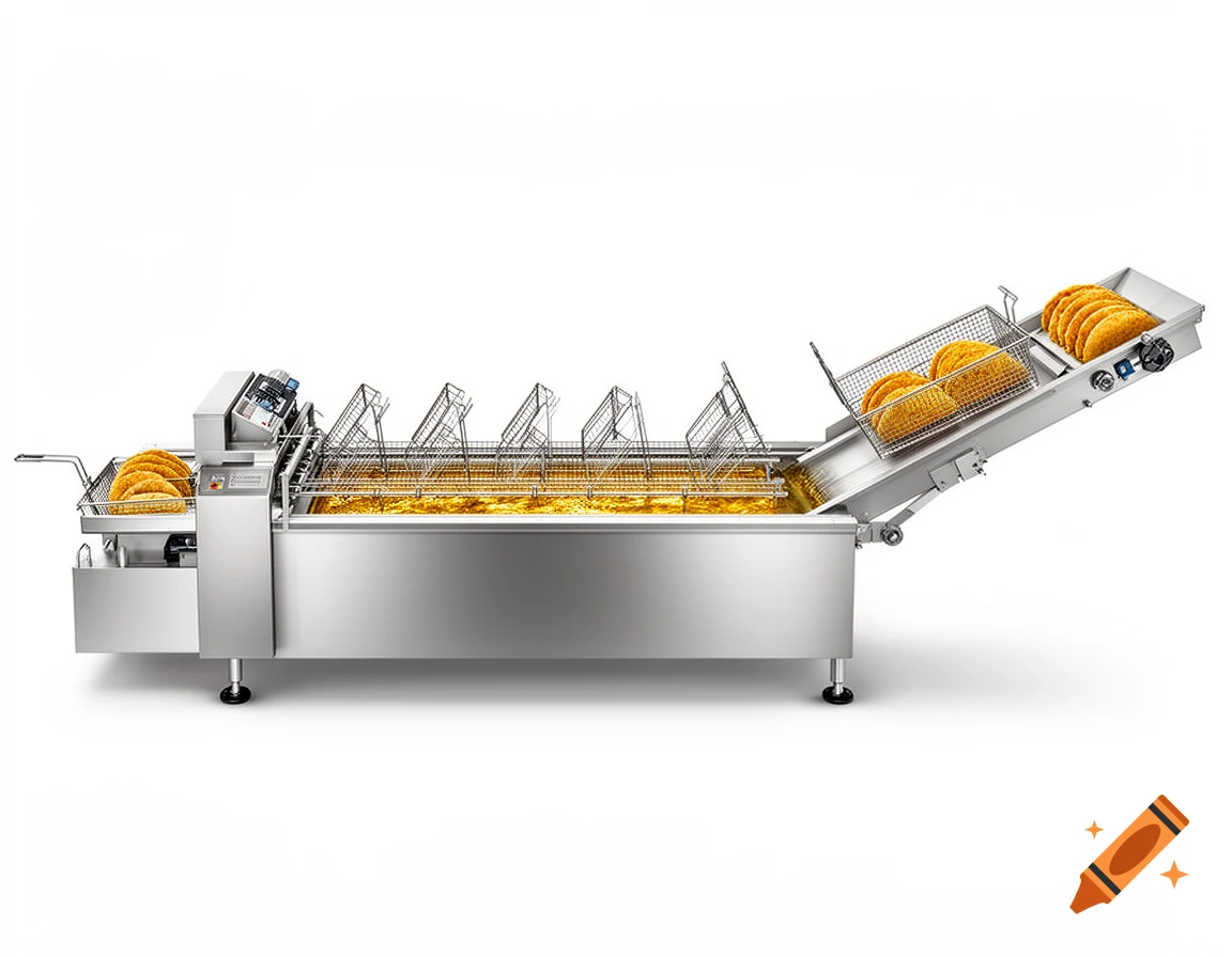 A side-view diagram of a stainless steel commercial automatic taco frying machine with a conveyor chain moving tacos through hot oil.