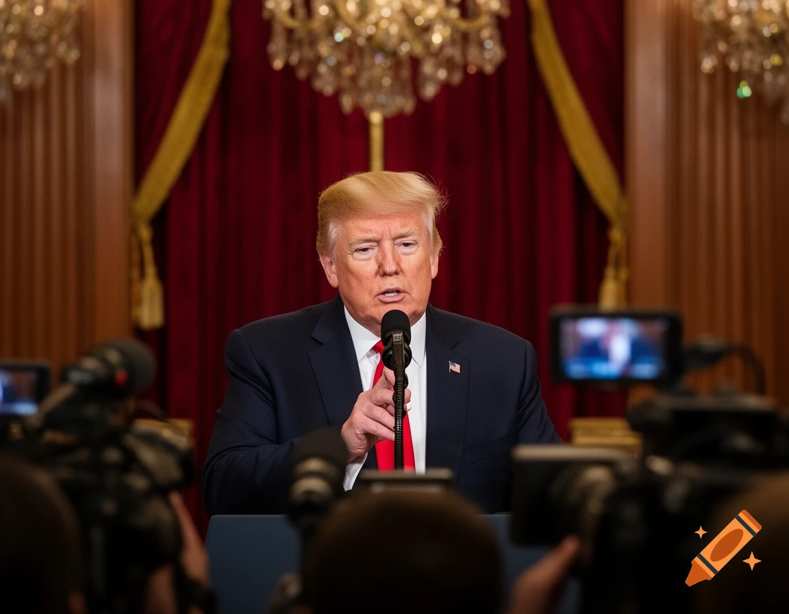 Donald Trump speaks at a podium with microphones, wearing a suit and red tie, in a formal room with red drapes.