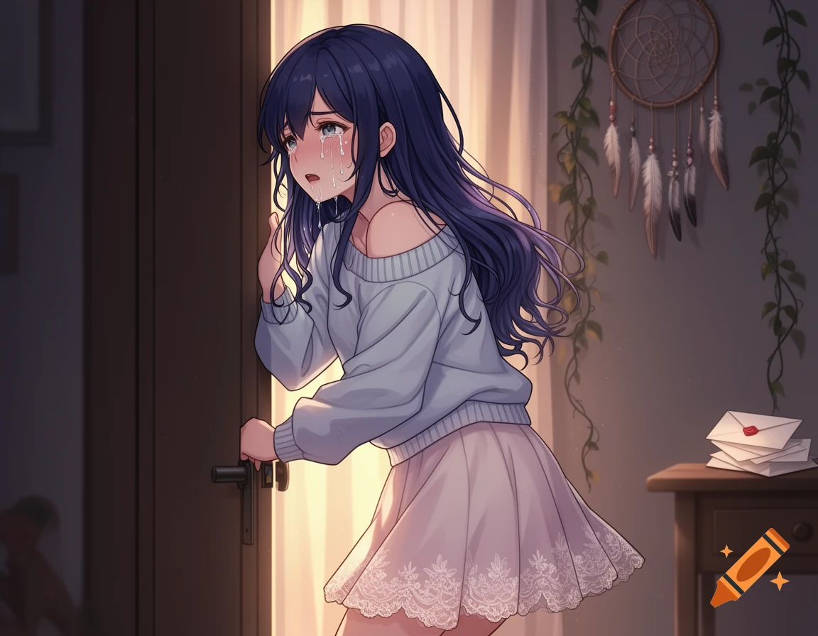 Anime style drawing of a crying young woman with dark hair, holding a door handle in a softly lit room.