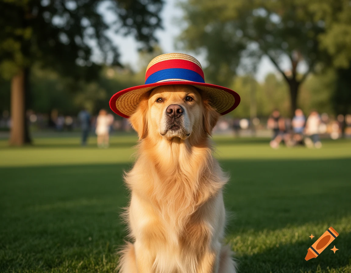 A golden retriever wearing a red, white, and blue straw hat sits on ...